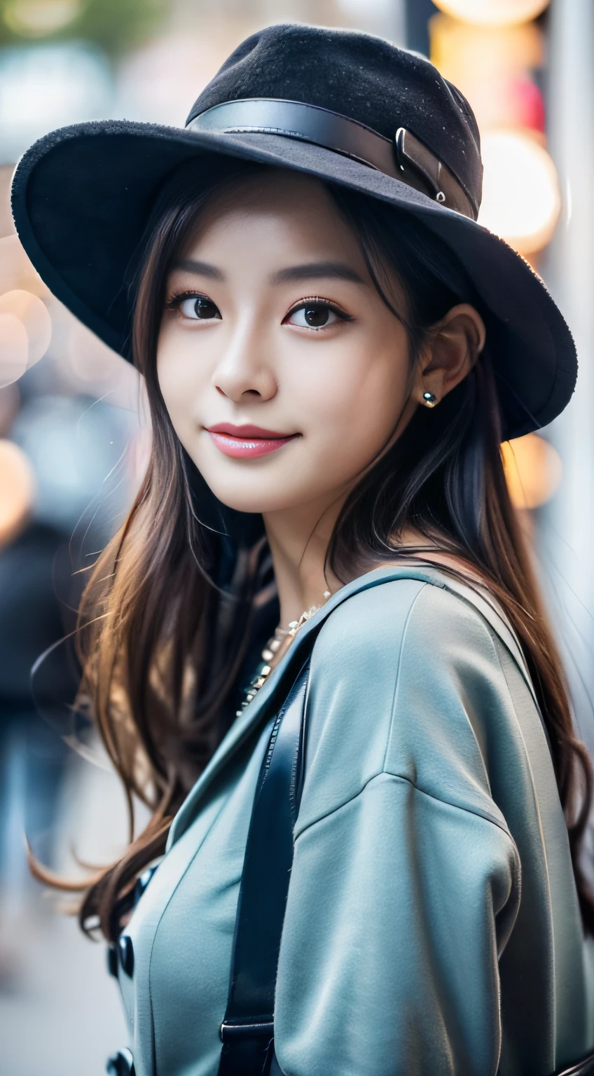 （３２K,high-detail,high detal,hight resolution,highdensity,独奏：1.3）,（Realistic people,Live Action,A detailed eye,High resolution eyes,Fine eyes,Eyes that look like they are alive,Beautiful dark blue eyes,Fishing eyes,detailed lips,Crystal clear white skin,detailed realistic faces：1.3）,（Japanese ido,Korean Idols,model in Japan,Korean models,Korean K-Pop Female Idols：1.2）,（with a flushed face,natural make up,a necklace,piercings,Navel piercing：1.4）（Cargo pants,Colorful tops with a large silhouette,Coat with a large silhouette,Leather Boots,Hats,Mode-type beautiful eyes casual：1.6）,（well-shaped breasts：1.5）,（Sexy and very beautiful Korean１6 years old little girl,Cool eyes,little smiling,facing back,turned around,Looking at the camera,Fashion Leader,fashion modell,Soft skin,Unforgettable eyes,Eyes are too beautiful,I want to go to Paris Collection.,Cutting-edge fashion：1.6）,（showing your whole body,Show full-body fashion,Fashion that stands out：1.7）