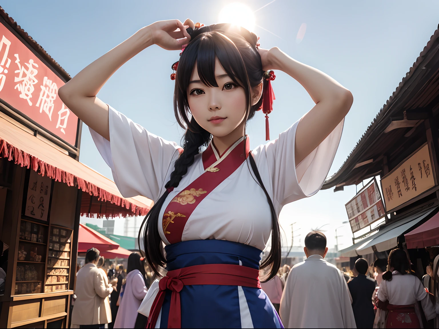 ((tmasterpiece)),(best qualtiy),1个Giant Breast Girl,Place your hands on top of your head,flatchest,being thin,the Sun Shining,anime big breast,Chinese outfit,Hanfu,the street,Traders,booth
