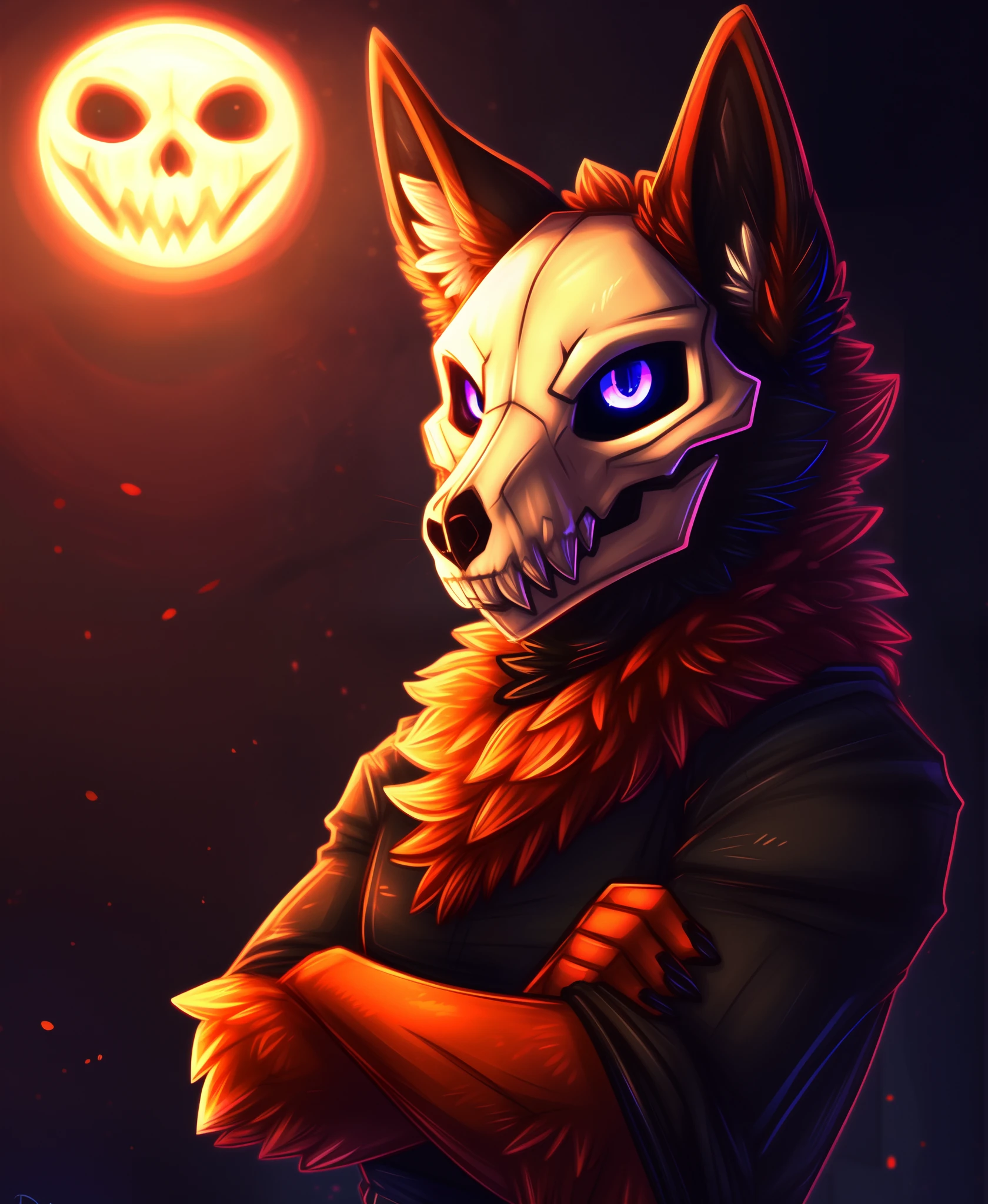 canid, canine, spoopy skully, rainbow furred skulldog, black hollow eyes, skull face, black inner ear fluff, finger claws, rom, crossed arms, side view, (looking at viewer:1.6), [[by dimwitdog:by redishdragie:0.5]:by hioshiru:0.6]