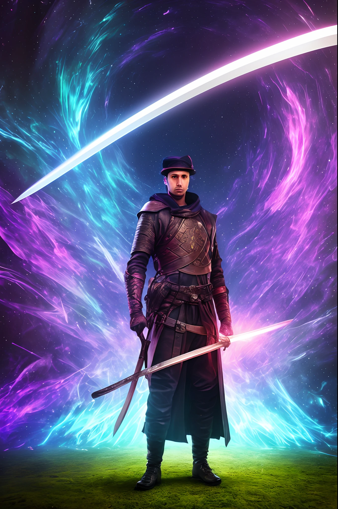 A man holding a sword about to go through a purple blue and green portal