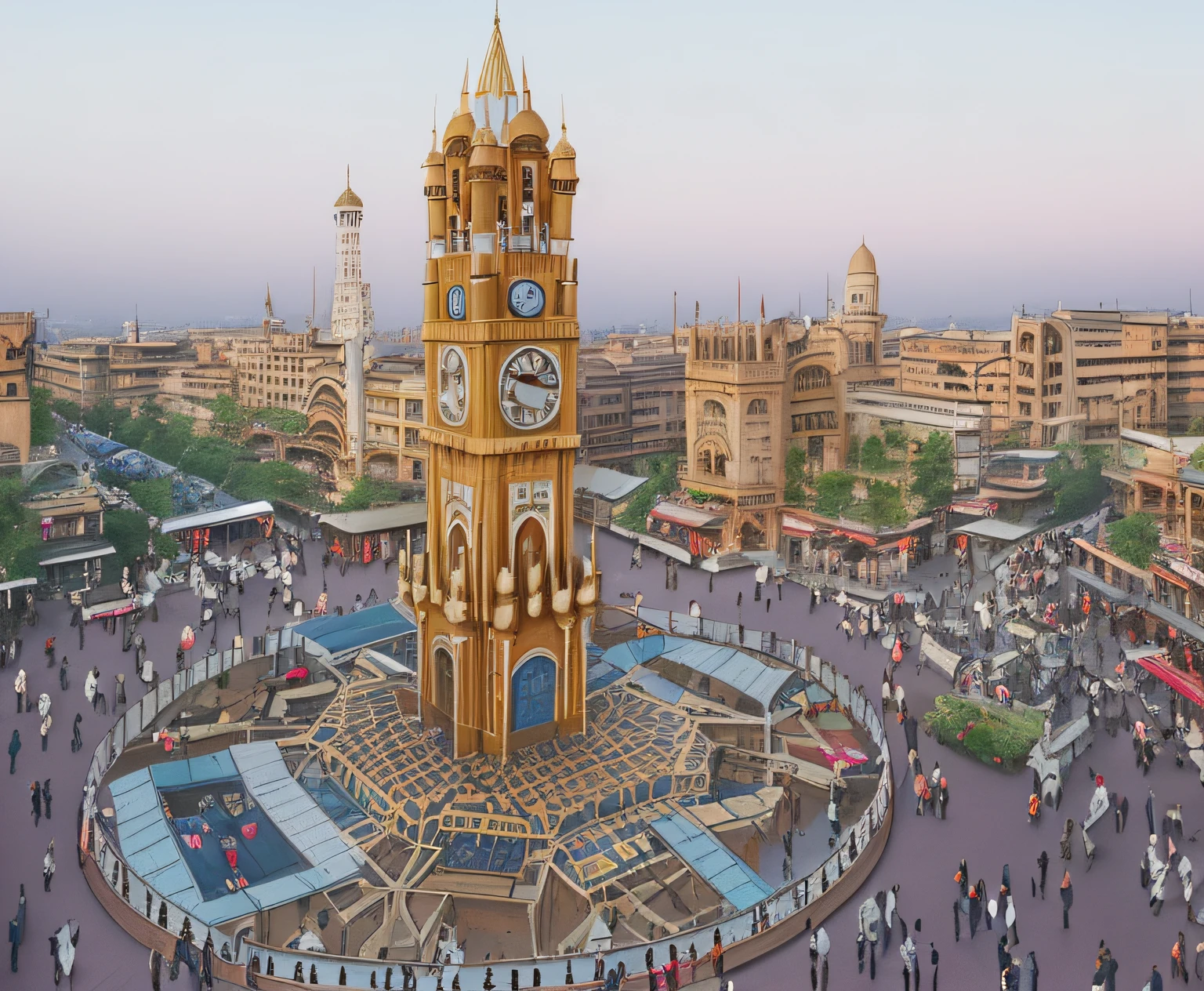 araffe clock tower in a city square with people walking around, indore, clock tower, beautiful image, clocktower, tourist destination, full - view, city square, beautiful, photo shot, enhanced photo, watch photo, circular towers, town square, stunning photo, minarets, stunning image, beautiful city, morning shot, photography shot, profile pic