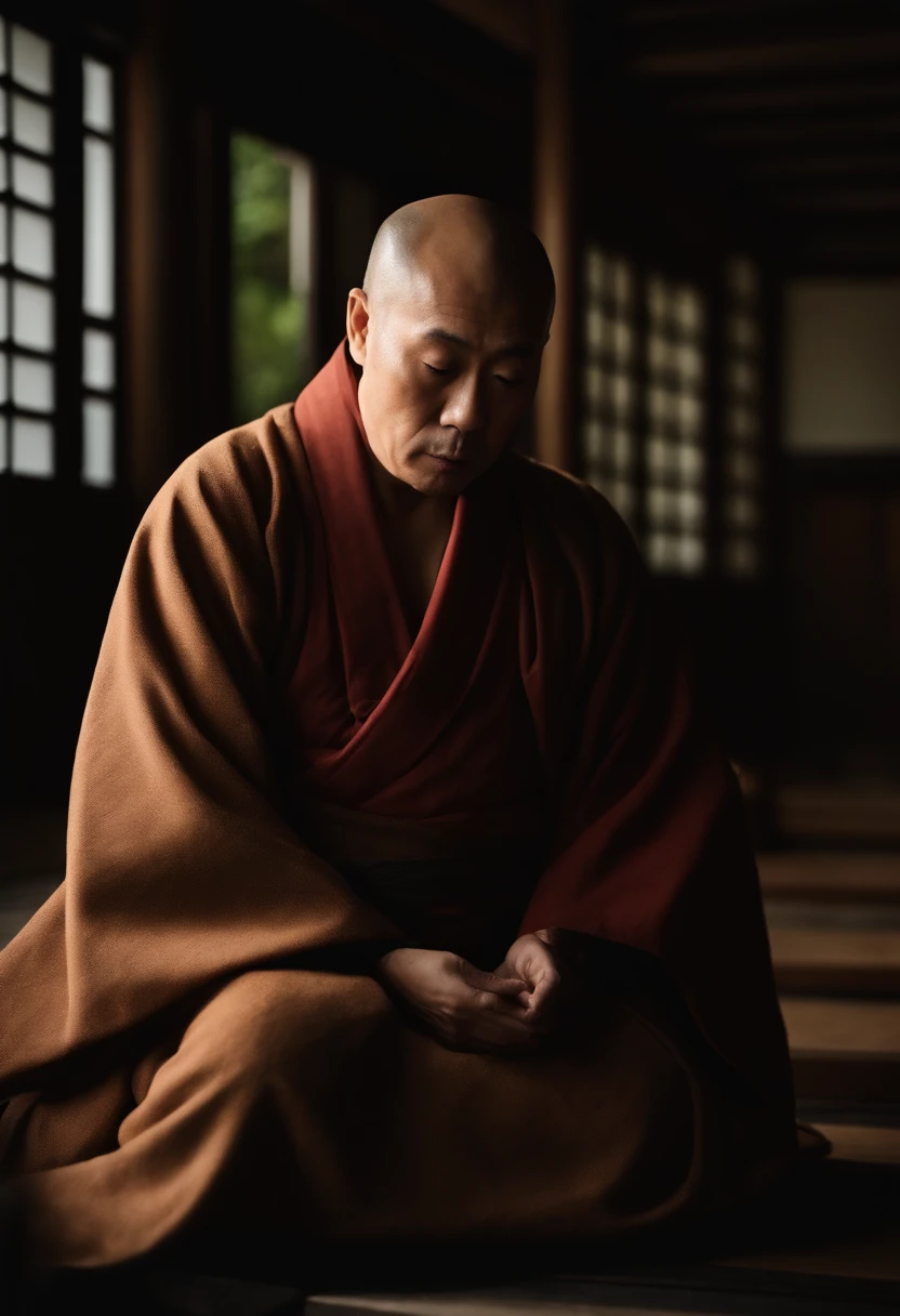 The person is at the center、That person is、He is a high-ranking monk of the Kamakura period。That person is、I am sitting upright facing the front。Impression、Very convincing in the statement、I have the impression that he was an important Japan person in history。If that person、80 of photos%Accounts for。Please make this image CG。