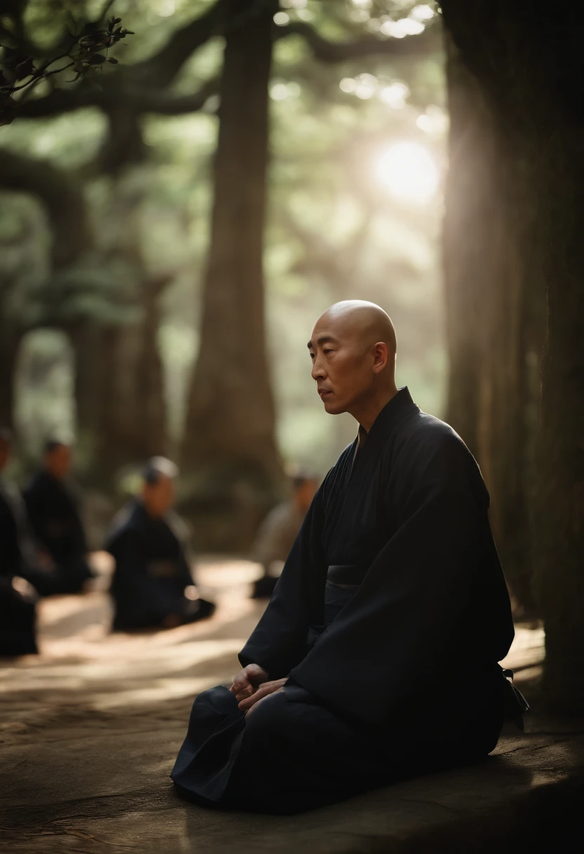 The person is at the center、That person is、He is a high-ranking monk of the Kamakura period。That person is、I am sitting upright facing the front。Impression、Very convincing in the statement、I have the impression that he was an important Japan person in history。If that person、80 of photos％Accounts for。Please make this image CG。