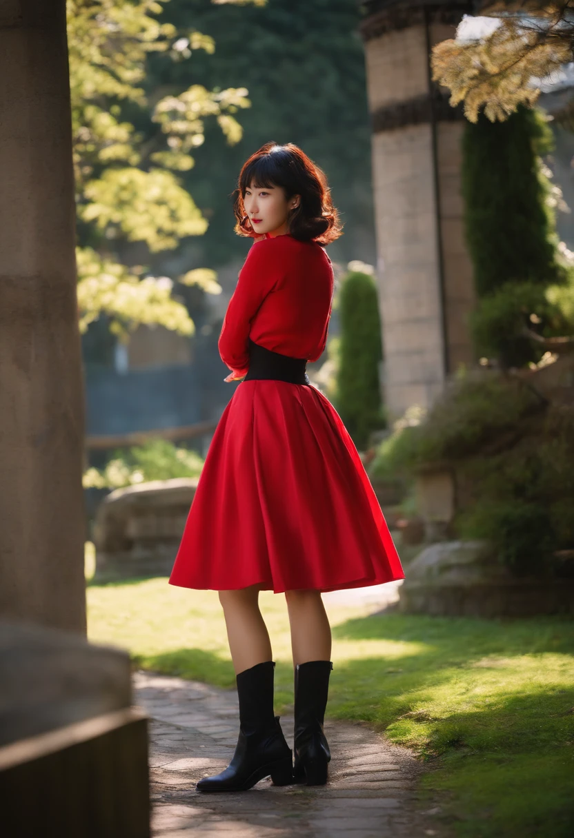 a teenage Japanese actress (hairstyle: wavy bob) who plays a villain, wearing a coquettish black skirt with red points and black boots with an evil smile, standing outside, sunny day.