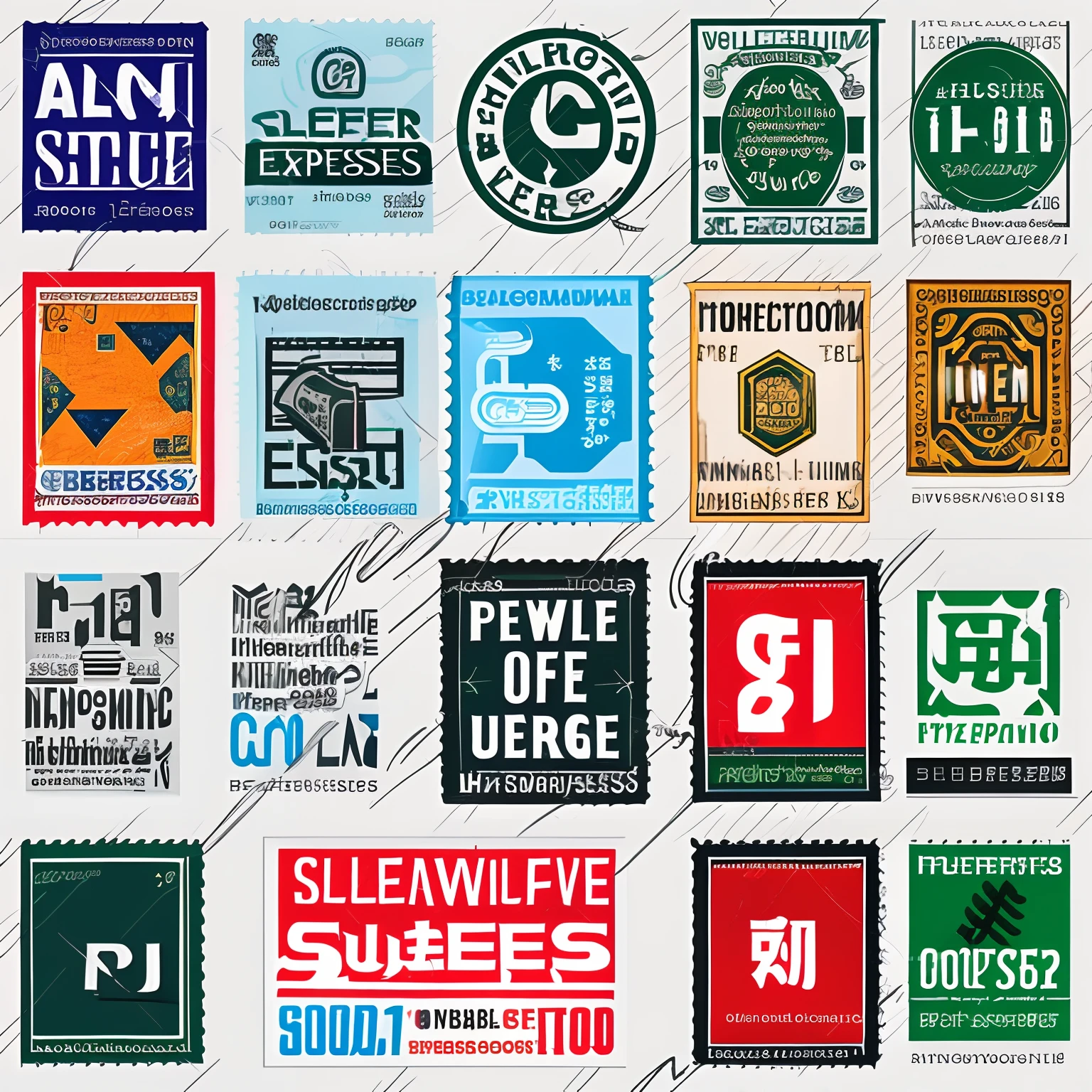Collection of various stamps isolated on white background、Railway Logo、Colorful Computer Graphics、International typographic style graphic logo、Sleeper Express logo