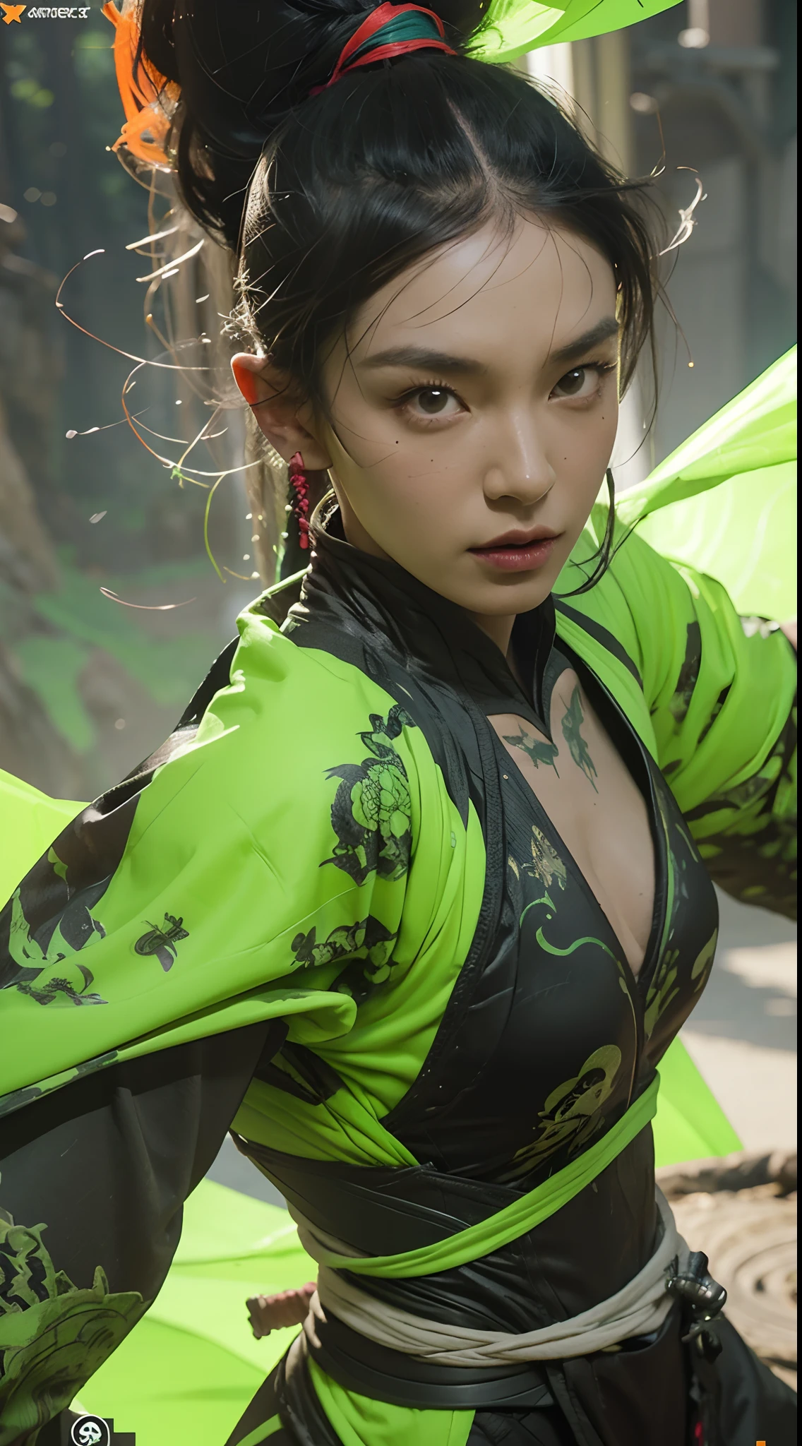 Green background,A look of determination,colorful vivid octane render, cybernetic and highly detailed, loba andrade from apex legends, created in unreal engine 5, made in unreal engine 5, trending on unreal engine 5, Antique portraits, Martial arts fantasy style 8k octane rendering, rendered in unreal 5, rendered in high octane