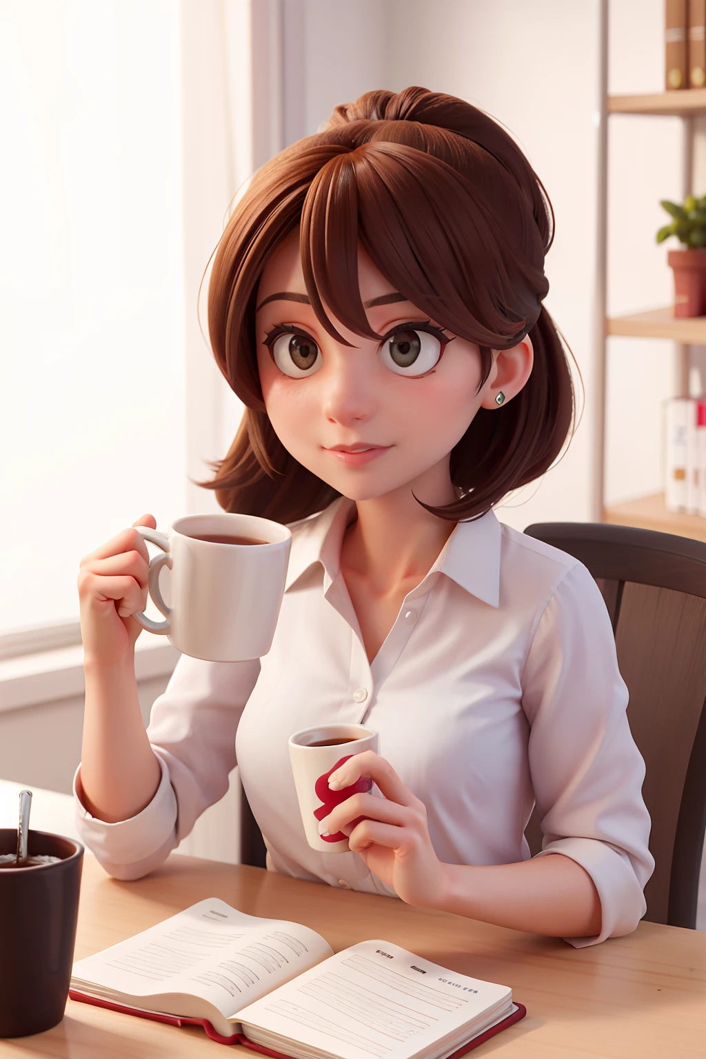 30 year old woman with hair tied up in her office with mug in hand, notebook na mesa e uniforme escrito Print Xpress