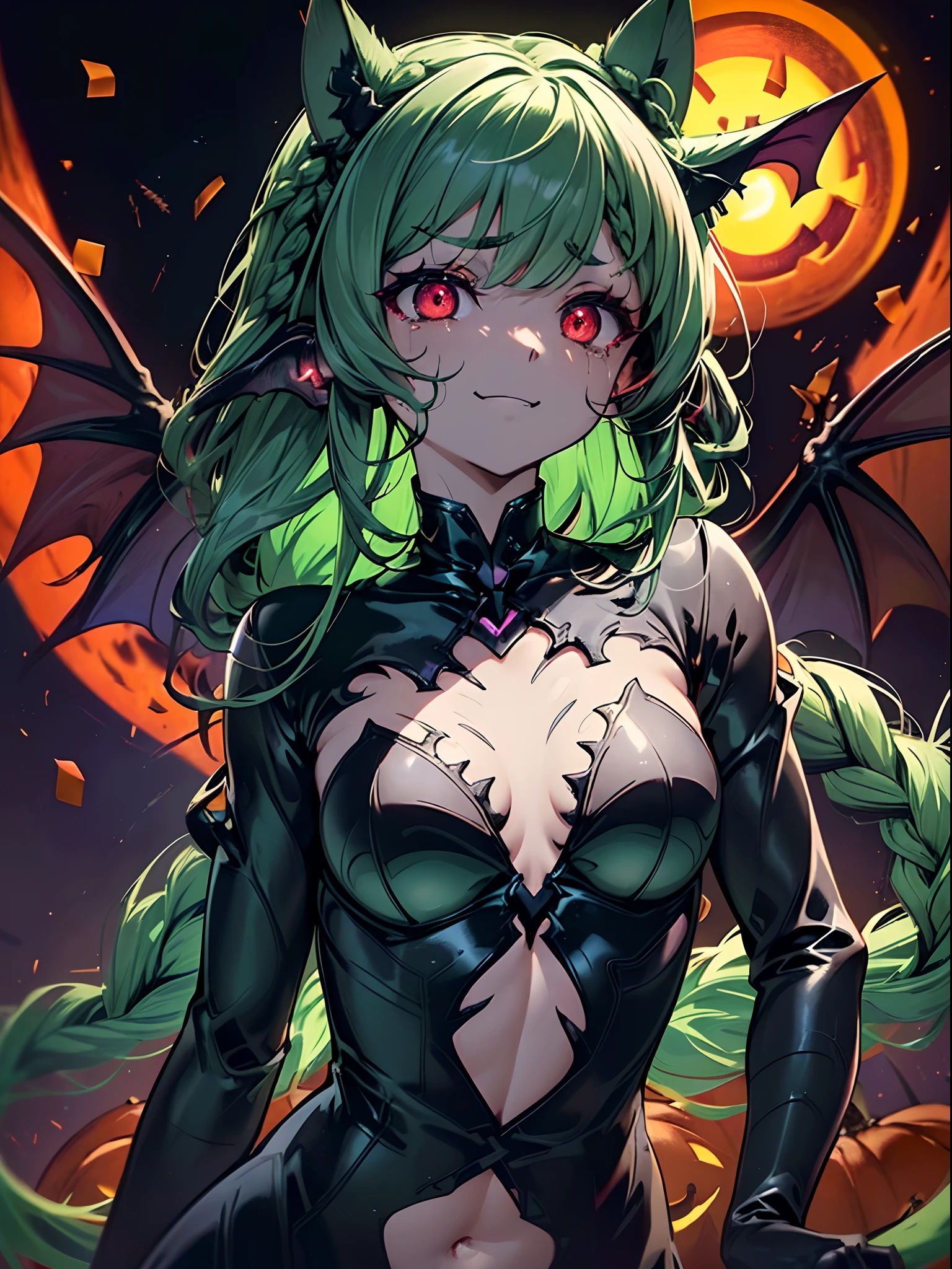 Halloween Cemetery Theme,(Cat's ears,Green braided hair:1.5),(Halloween Pumpkin and Horror Theme:1.4),(Detailed red eyes、Teary-eyed:1.4),Haunted house background,hiquality,(Very small breasts、extremely flat chest:1.5)、(Happy and big smile:1.4),Mystical boundaries,The scariest horror game、Bloods、,(Face Zoom:1.5),A detailed eye、highlight in eyes、(Upper body zoom:1.5)、Profile picture seen from the side、(Succubus:1.3)、Movie Quality、Range Flare、666、tits out、Provocative、greed、conceit、lascivious、masturbation、masturbation、fullnude