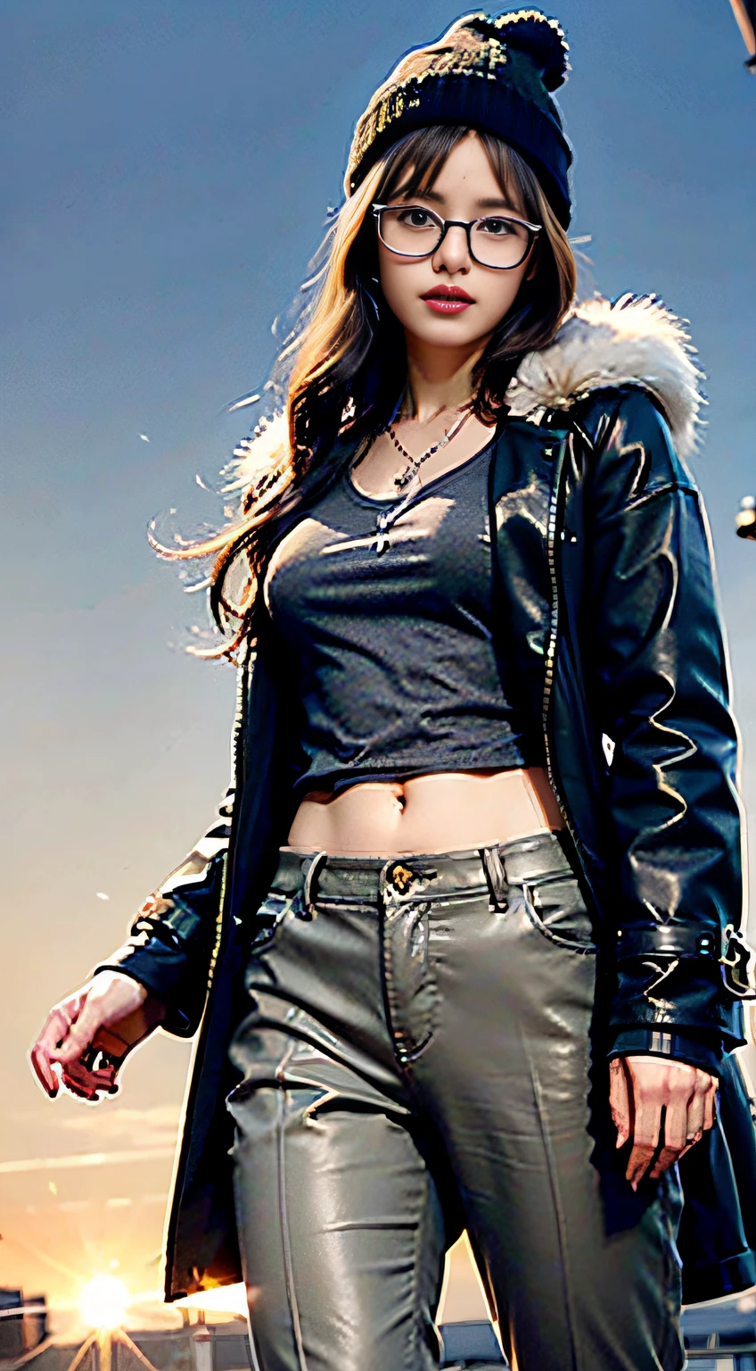 (32K,high-detail,high detal,hight resolution,highdensity,独奏,Lori:1.3),(Realistic people,Live action,A detailed eye,High resolution eyes,Fine eyes,Eyes that look like they are alive,beautiful dark blue eyes,Fishing eyes,Detailed lips,Crystal clear white skin,detailed realistic faces:1.3),(Japanese ido,Korean Idols,model in Japan,Korean models,Korean K-Pop Female Idol:1.2),(with a flushed face,natural make up,a necklace,piercings,Navel piercing:1.4)(Military Cargo Pants,Colorful tops with oversized silhouettes,Large size coat,Leather boots,Knitted hats,Mode-based beautiful eye casual:1.6),(well-shaped breasts:1.5),(Young but very beautiful Korean16 years old girl,Cool eyes,little smiling,facing back,turned around,Looking at the camera,Fashion Leader,fashion modell,Soft skin,Unforgettable eyes,Her eyes are too beautiful,I want to go to Paris Collection..,Cutting-edge fashion:1.6),(showing your whole body,Show full-body fashion,Stylish blue glasses:1.7)