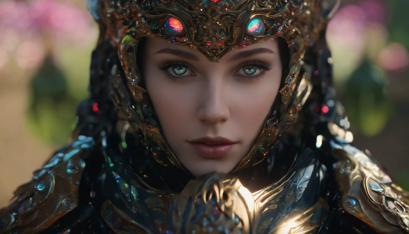 8K, Dark_Fantasy, delicate face, (delicate glass pupil: 1.5), standing full body portrait, black in one eye, red in one eye, 1 person, cyber armour, rainbow garden