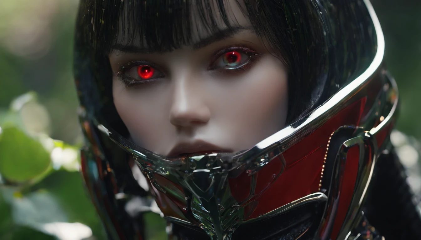 8K, Dark_Fantasy, delicate face, (delicate glass pupil: 1.5), standing full body portrait, black in one eye, red in one eye, 1 person, cyber armour, rainbow garden
