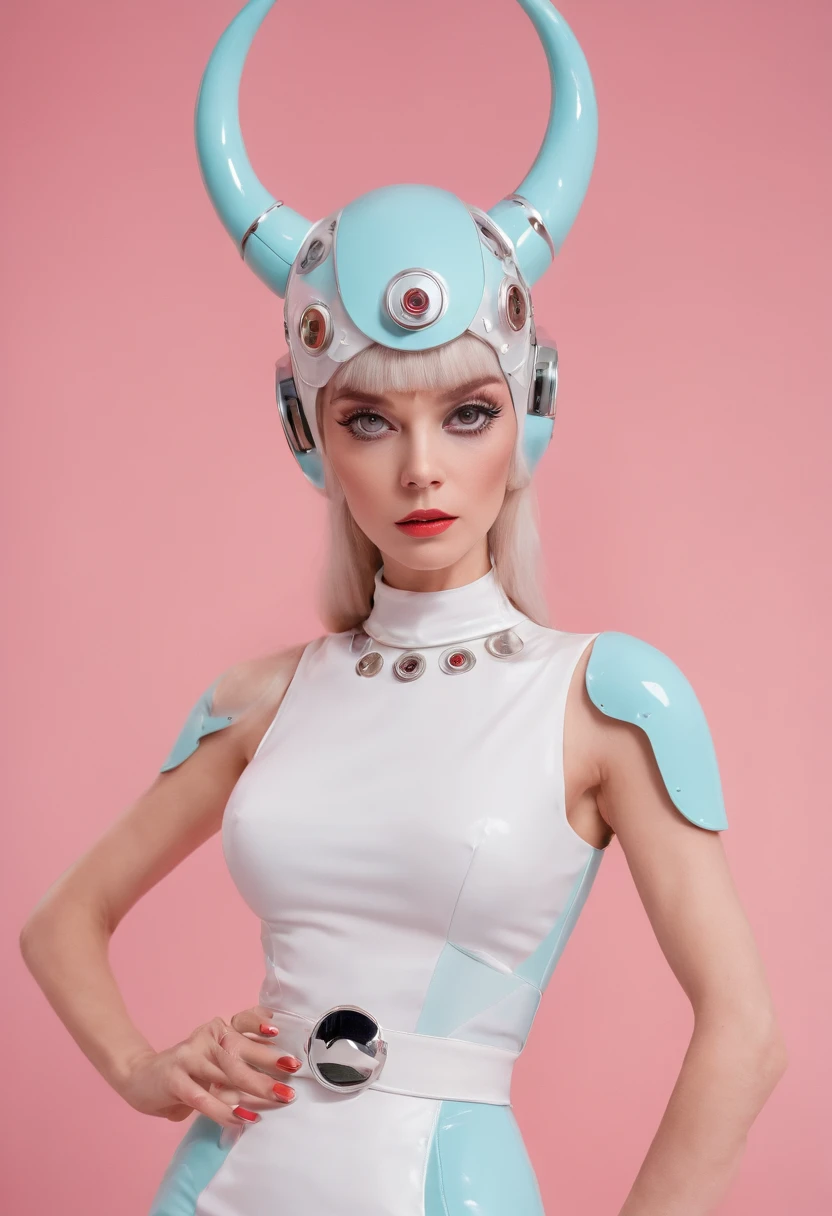 4k image from a 1960s science fiction film by Wes Anderson, Breathtaking demonic woman with horns dressed in sexy lingerie posing for a photo , 1960 - O Wes Anderson, asas de anjo nas costas, pastels colors, Retro-futuristic fashion clothes from the 60s, ), Retro-futuristic fashion clothes from the 60s with old robots, Luz Natural, Psicodelia, futurista estranho, retro-futurista, photo-realistic, Sharp background details.