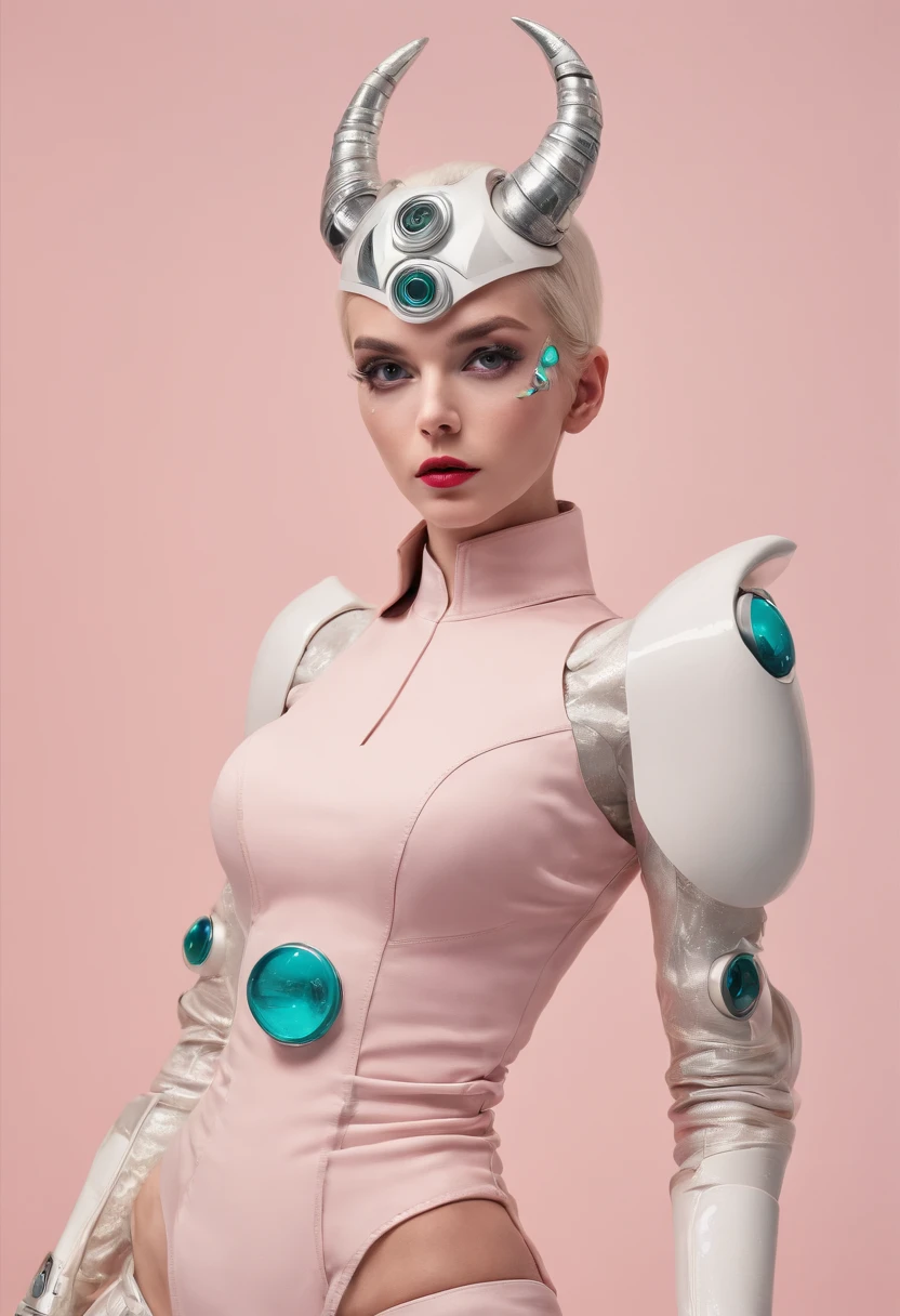 4k image from a 1960s science fiction film by Wes Anderson, Breathtaking demonic woman with horns dressed in sexy lingerie posing for a photo , 1960 - O Wes Anderson, asas de anjo nas costas, pastels colors, Retro-futuristic fashion clothes from the 60s, ), Retro-futuristic fashion clothes from the 60s with old robots, Luz Natural, Psicodelia, futurista estranho, retro-futurista, photo-realistic, Sharp background details.