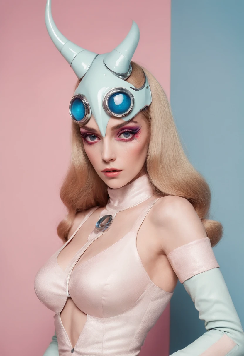 4k image from a 1960s science fiction film by Wes Anderson, Breathtaking demonic woman with horns dressed in sexy lingerie posing for a photo , 1960 - O Wes Anderson, asas de anjo nas costas, pastels colors, Retro-futuristic fashion clothes from the 60s, ), Retro-futuristic fashion clothes from the 60s with old robots, Luz Natural, Psicodelia, futurista estranho, retro-futurista, photo-realistic, Sharp background details.