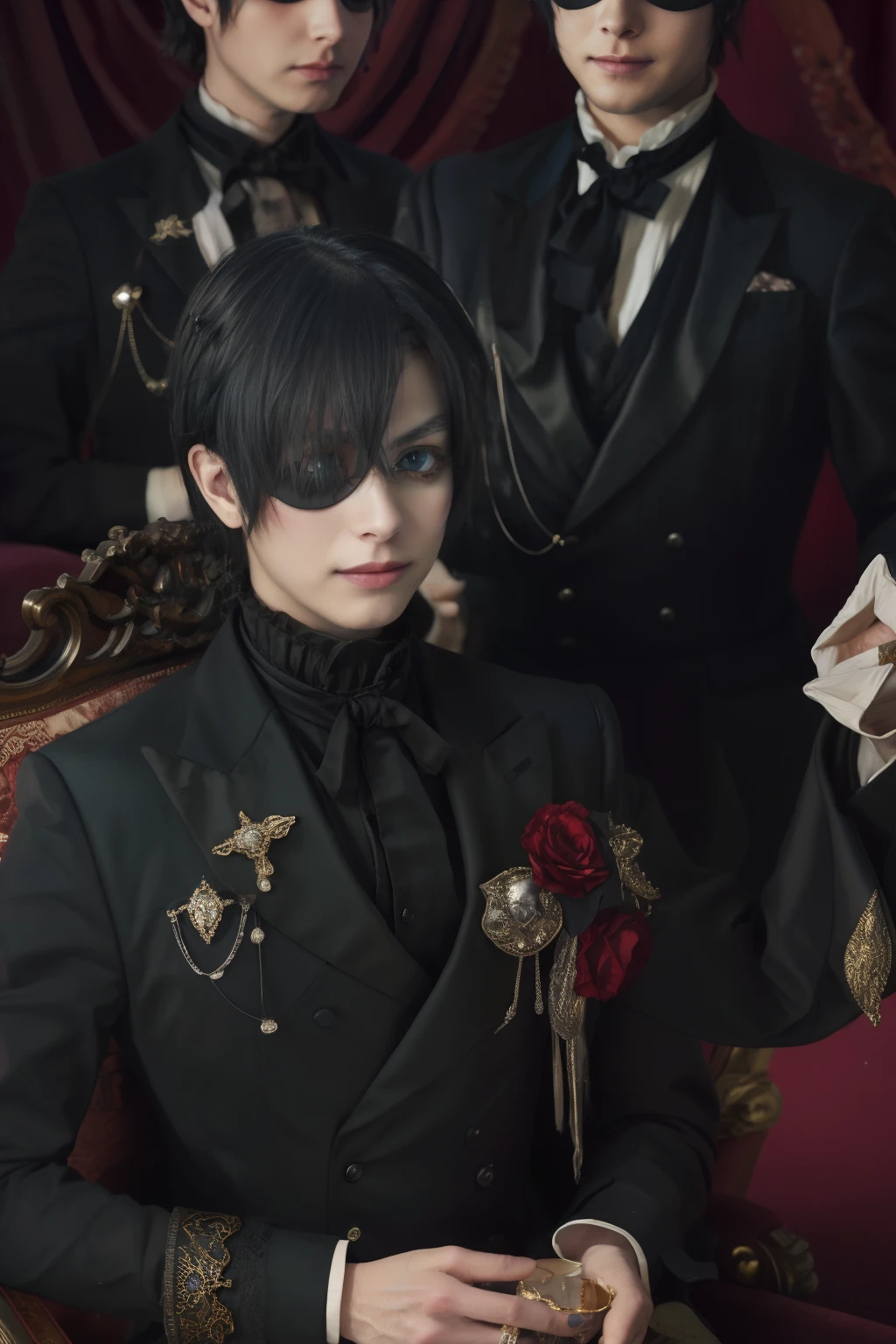 (high-res,beautiful detailed portrait,photorealistic,dark theme:1.2),Victorian-era,profound eyes,flowing black hair,fine clothing,gentleman,confident,sly smile,wealthy mansion,shadows and candlelight,perfectly tailored suit,ornate furnishings,subtle smirk,regal posture,mischievous aura,lapis lazuli ring,twin demon butlers,Sebastian Michaelis and Claude Faustus,loyal servants,sharp black and red eyes,exquisite table setting,elegant tea set,delicate porcelain cups,majestic chandeliers,hints of mystery,subtle sense of danger,aura of power,haunting beauty,royal background,engaging gaze,subtle manipulator,masquerade ball masks,dark secrets,crimson curtains,ornate mirrors,indulgent lifestyle,master of the Phantomhive estate.