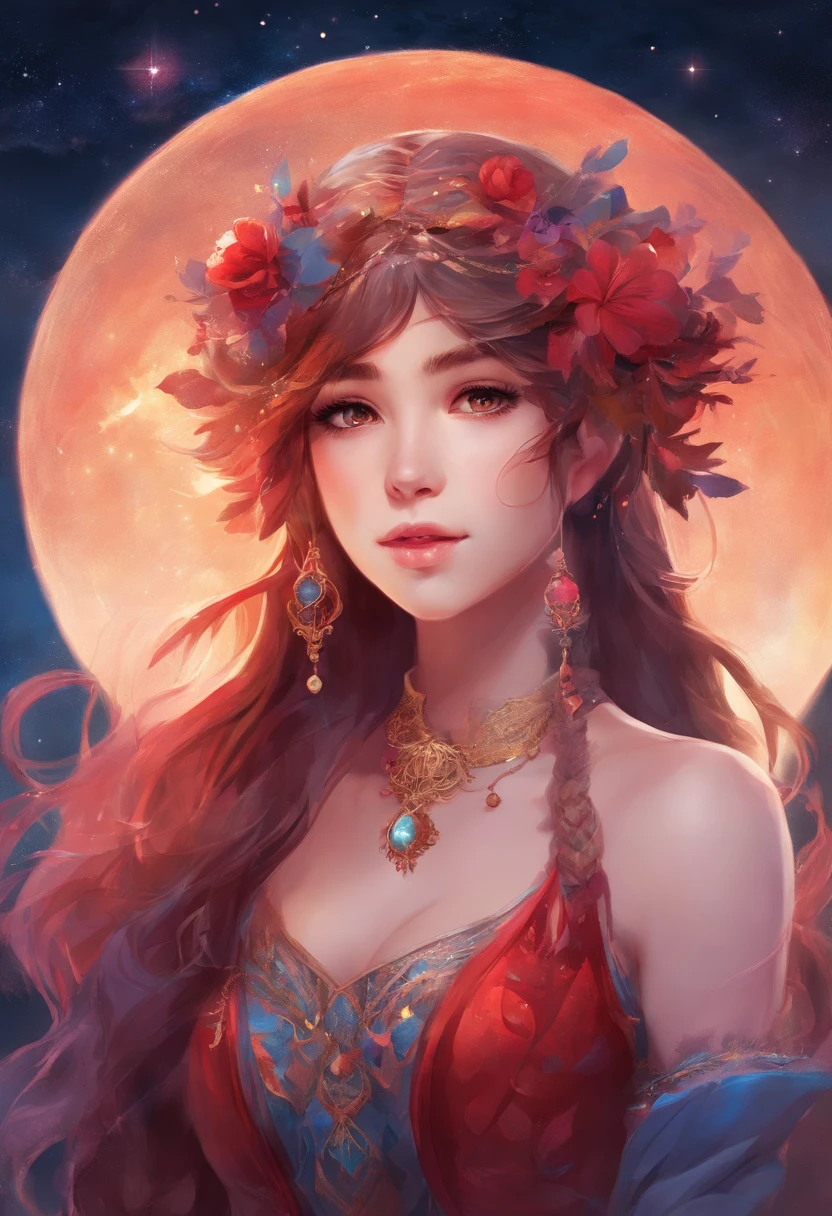 girl，15year old，Side braids，red headgear，with hands behind her back，Looks free，Full body like，Dressed in period costume，background starry sky