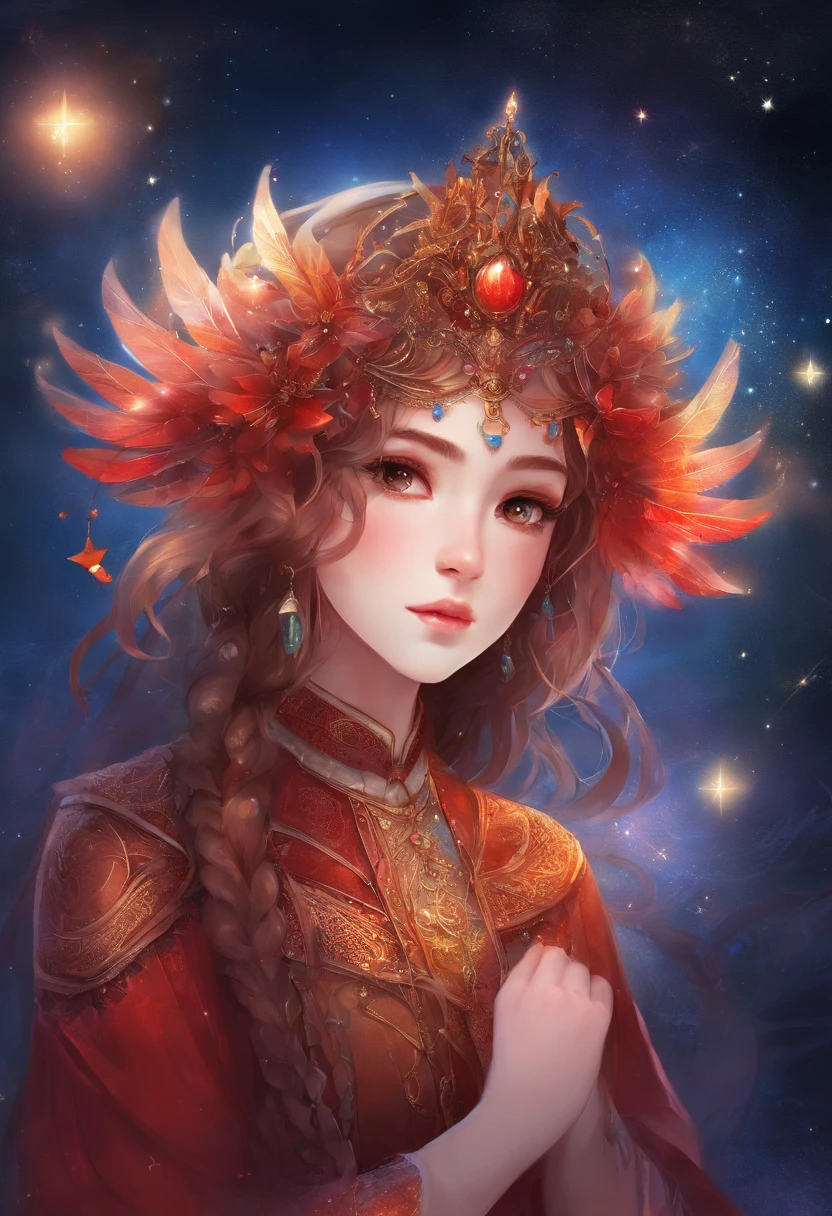 girl，ar old，Side braids，red headgear，with hands behind her back，Looks free，Full body like，Dressed in period costume，background starry sky