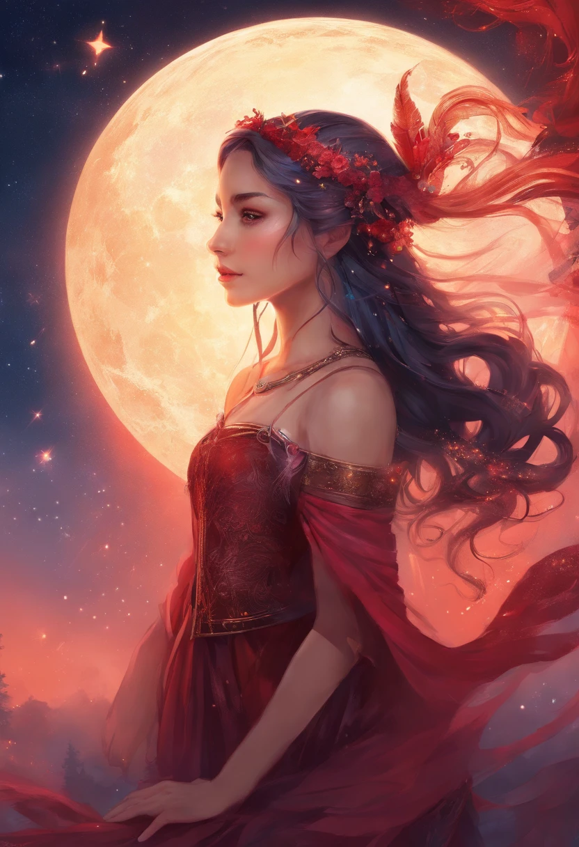 girl,ar old,Side braids,red headgear,with hands behind her back,Looks free,Full body like,Dressed in period costume,background starry sky