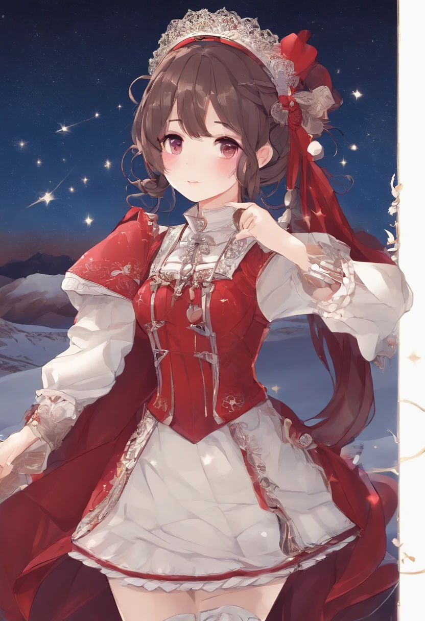 girl,ar old,Side braids,red headgear,with hands behind her back,Looks free,Full body like,Dressed in period costume,background starry sky