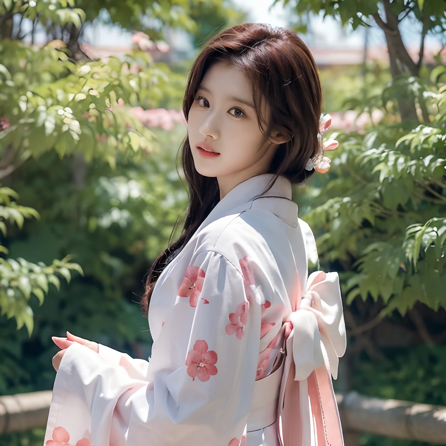 Sana minatozaki, kimono dress, tied hair, holding katana, With sakura trees in the background