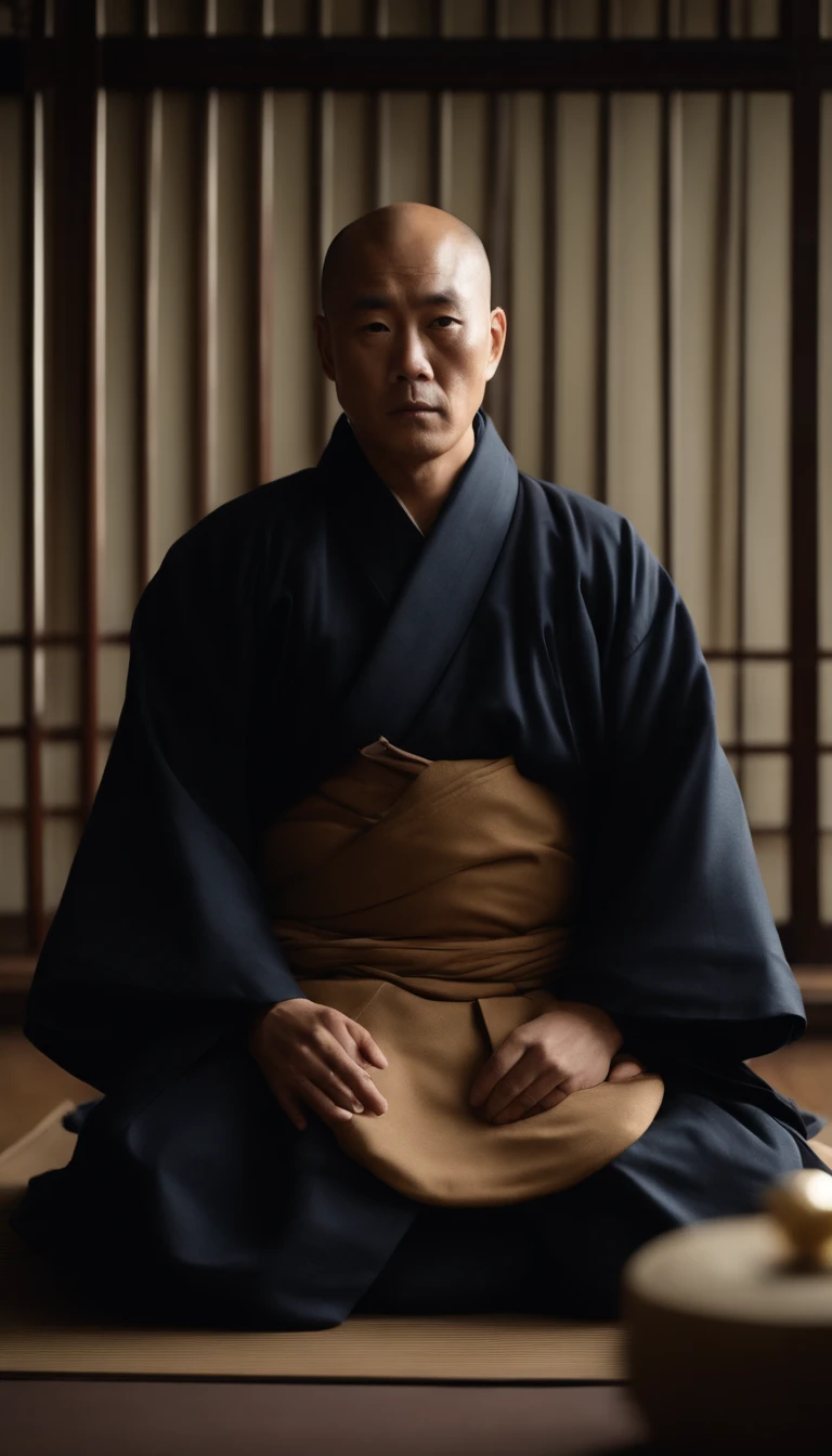 The person is at the center、That person is、He is a high-ranking monk of the Kamakura period。That person is、I am sitting upright facing the front。Impression、Very convincing in the statement、I have the impression that he was an important Japan person in history。If that person、80 of photos%Accounts for。Please make this image CG。