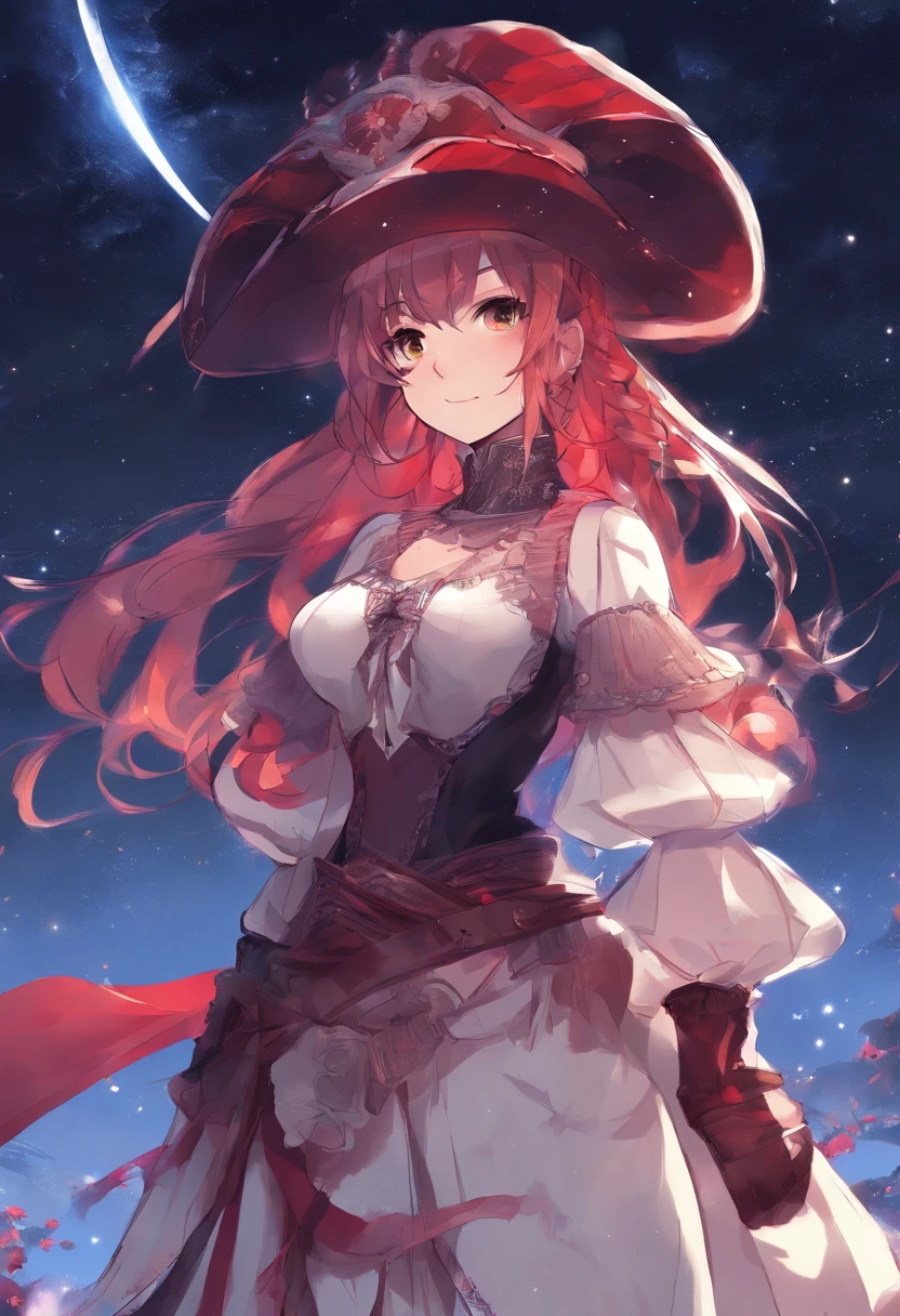 girl,15year old,Side braids,red headgear,with hands behind her back,Looks free,Full body like,Dressed in period costume,background starry sky