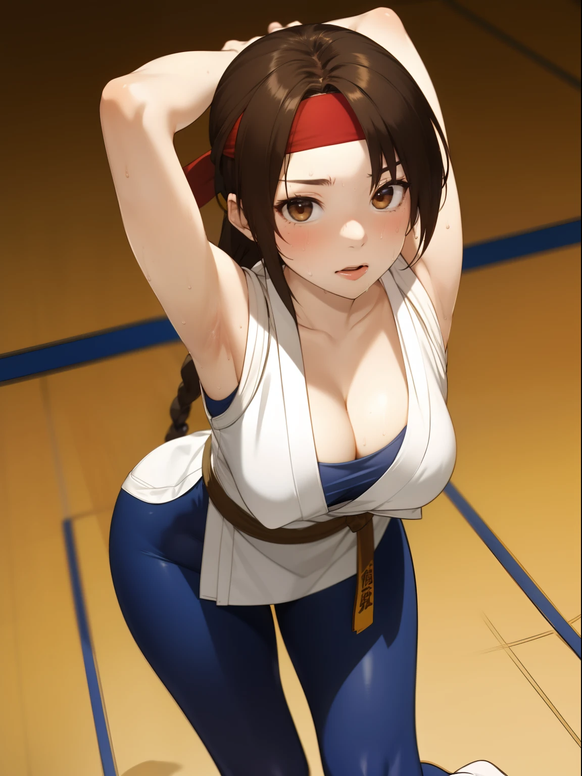 ((masterpiece:1.2, best quality)), yuri sakazaki, 1girl, braided ponytail, long hair, brown hair, brown eyes, red headband, (white dogi1.2), Blue top, bare arms, Yellow black fingerless gloves, blue panties, karate, medium breasts, cleavage, Blue tight socks, looking at viewer, sweating, tires, arm over head, sweat, hot, blush, awe, 🥺, 😮, ((🥵🥵:1.2)), straight, standing, mature, dojo