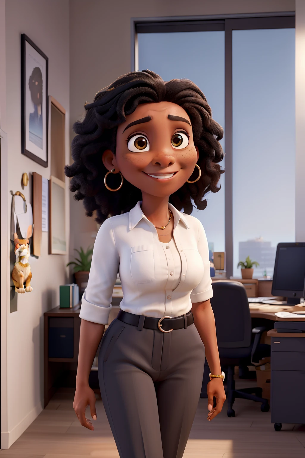 Estilo disney pixar alta qualidade, melhor qualidade mulher negra cabelo curto crespo personalidade forte, mami, Accounting Businesswoman, in white sneakers, sorrindo, 40 anos, in your office with a beautiful panel in the background with a picture of a lion in the center