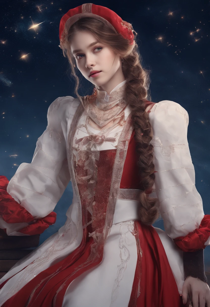 girl,15year old,Side braids,red headgear,with hands behind her back,Looks free,Full body like,Dressed in period costume,background starry sky