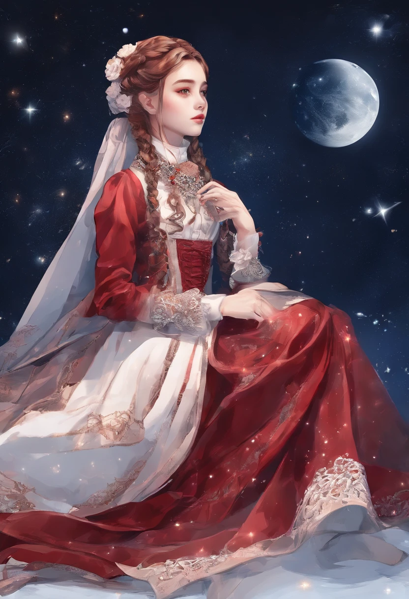 girl,15year old,Side braids,red headgear,with hands behind her back,Looks free,Full body like,Dressed in period costume,background starry sky