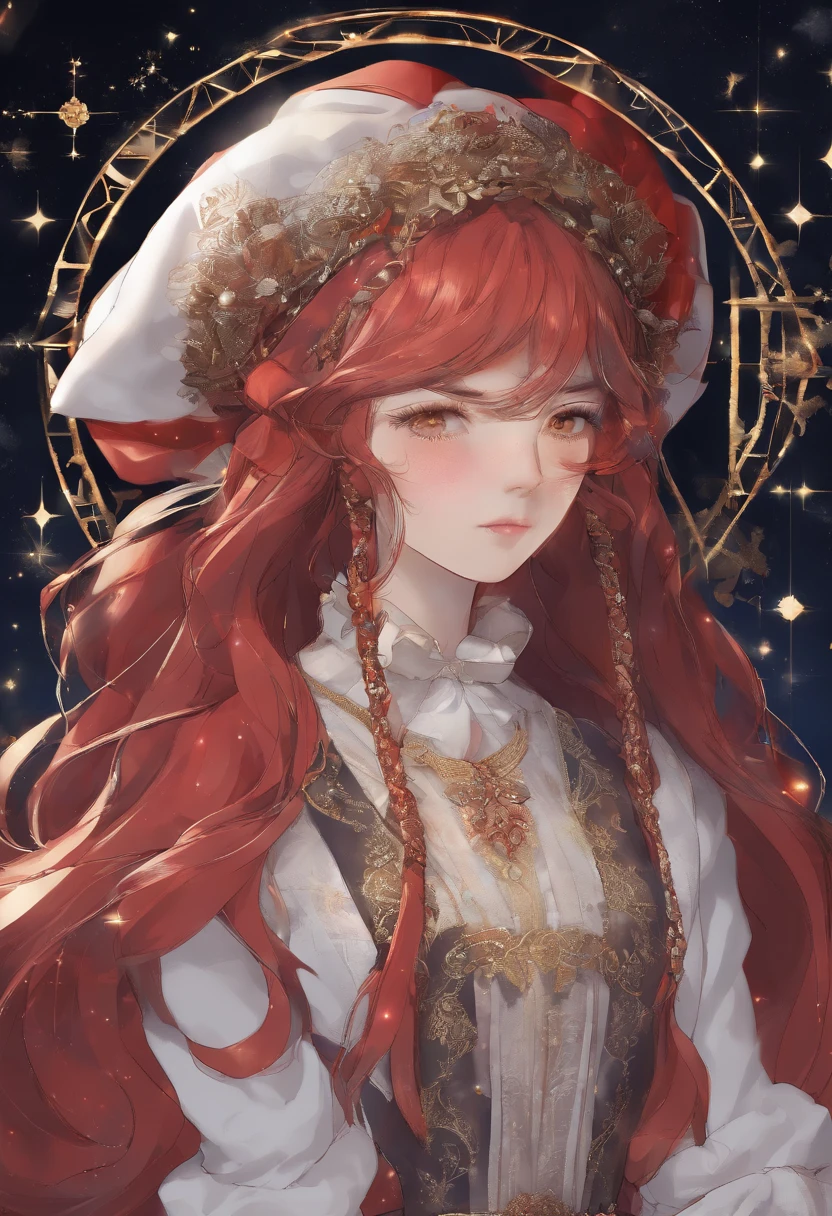 girl，15year old，Side braids，red headgear，with hands behind her back，Looks free，Full body like，Dressed in period costume，background starry sky