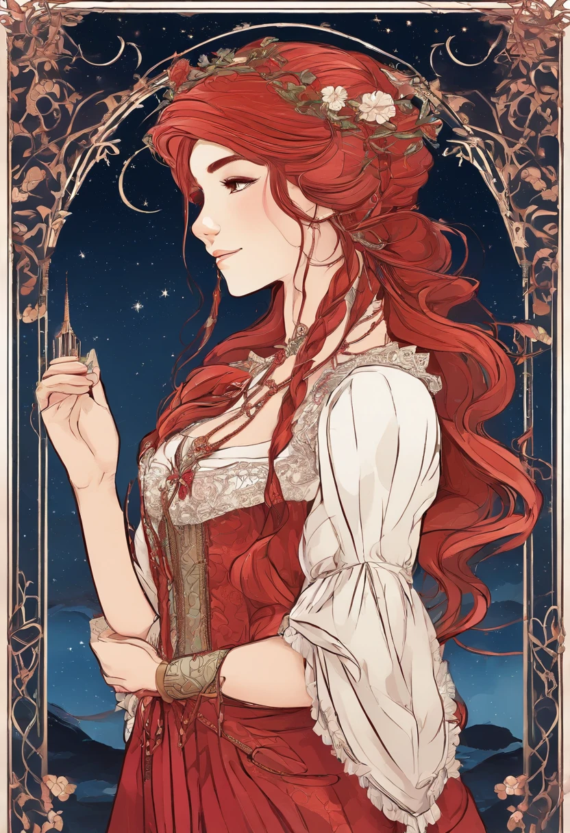 girl,15year old,Side braids,red headgear,with hands behind her back,Looks free,Full body like,Dressed in period costume,background starry sky