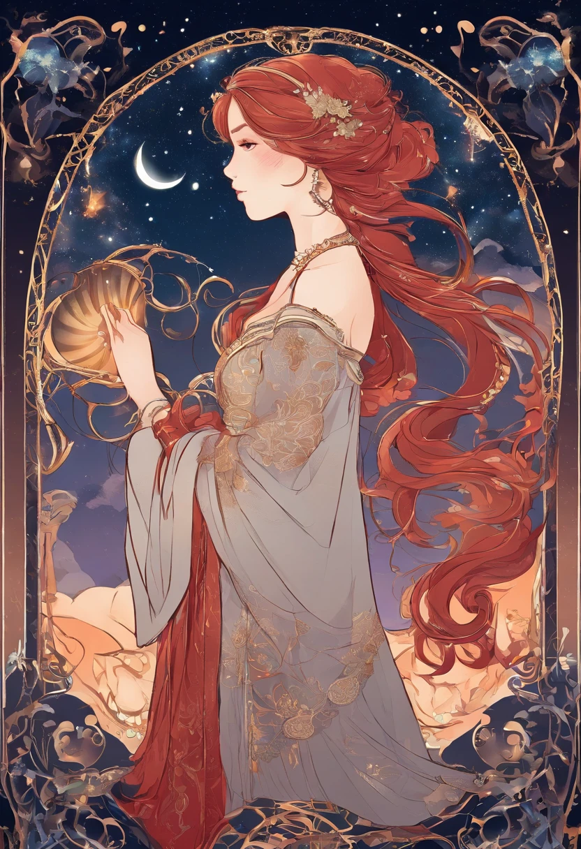 girl,ar old,Side braids,red headgear,with hands behind her back,Looks free,Full body like,Dressed in period costume,background starry sky