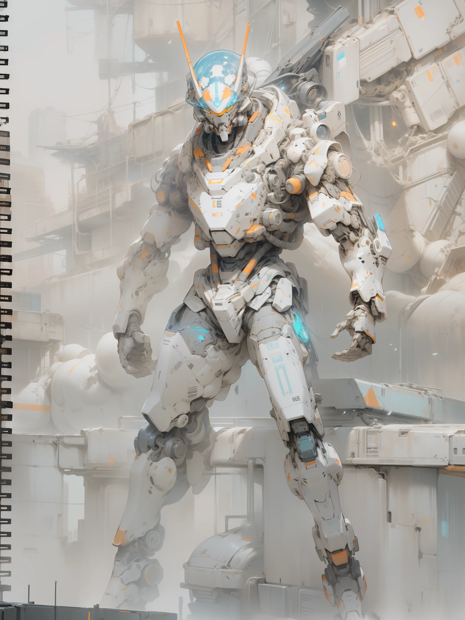 On the moon,barren planets, ruins, holding_weapon, no_humans, glowing, robot, building, glowing_eyes,orange mecha, science_fiction, city, realistic,mecha,Milky Way Galaxy background,neon,cyberpunk,