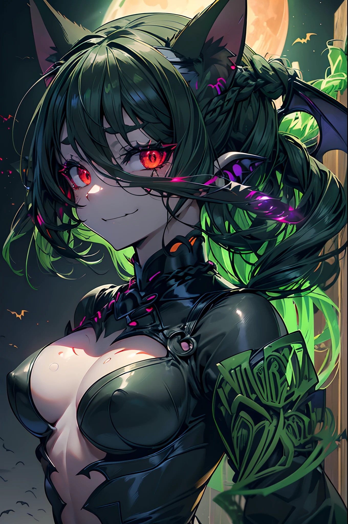 Halloween Cemetery Theme,(Cat's ears,Green braided hair:1.5),(Halloween Pumpkin and Horror Theme:1.4),(Detailed red eyes、Teary-eyed:1.4),Haunted house background,hiquality,(Very small breasts、extremely flat chest:1.5)、(Happy and big smile:1.4),Mystical boundaries,The scariest horror game、Bloods、,(Face Zoom:1.5),A detailed eye、highlight in eyes、(Upper body zoom:1.5)、Profile picture seen from the side、(Succubus:1.3)、Movie Quality、Range Flare、666、tits out、Provocative、greed、conceit、lascivious、masturbation、masturbation、fullnude