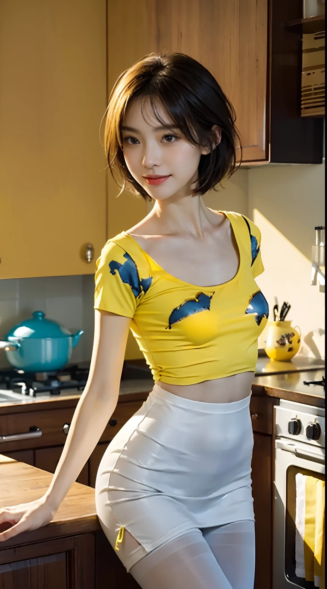 small head,  (perfect bodies: 1.1), (shoulder length straight short hair:0.9), （极其细致的CG 8k壁纸），（Extremely refined and beautiful），（masterpiece），（best qualtiy：1.0），（超高分辨率：1.0），(upper body:1.3)，[A high resolution]，cheerfulness，Smile,(Smooth and flawless fair skin:1.5),ultra - detailed,Elongated legs,(Small breasts:1.1),Flat chest,Slim，emaciated,(yellow T-shirt:1.5),(white pantyhose),(round hips:1.3),(sharply hips:1.5),In kitchen,blue green backgroundstanding,(from front:1.3),(Close shot:1.3),nightfall，warm light,Several dishes on table,standing,(cowboy shot:1.3),(Portrait photo:1.3)