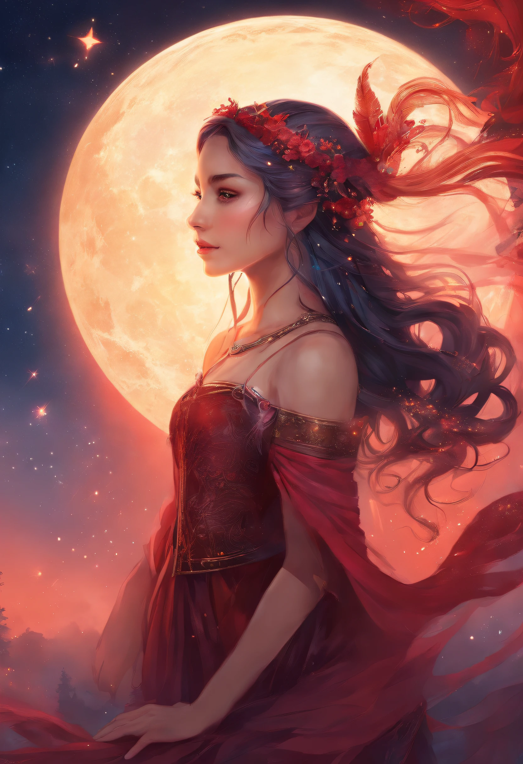 girl,ar old,Side braids,red headgear,with hands behind her back,Looks free,Full body like,Dressed in period costume,background starry sky