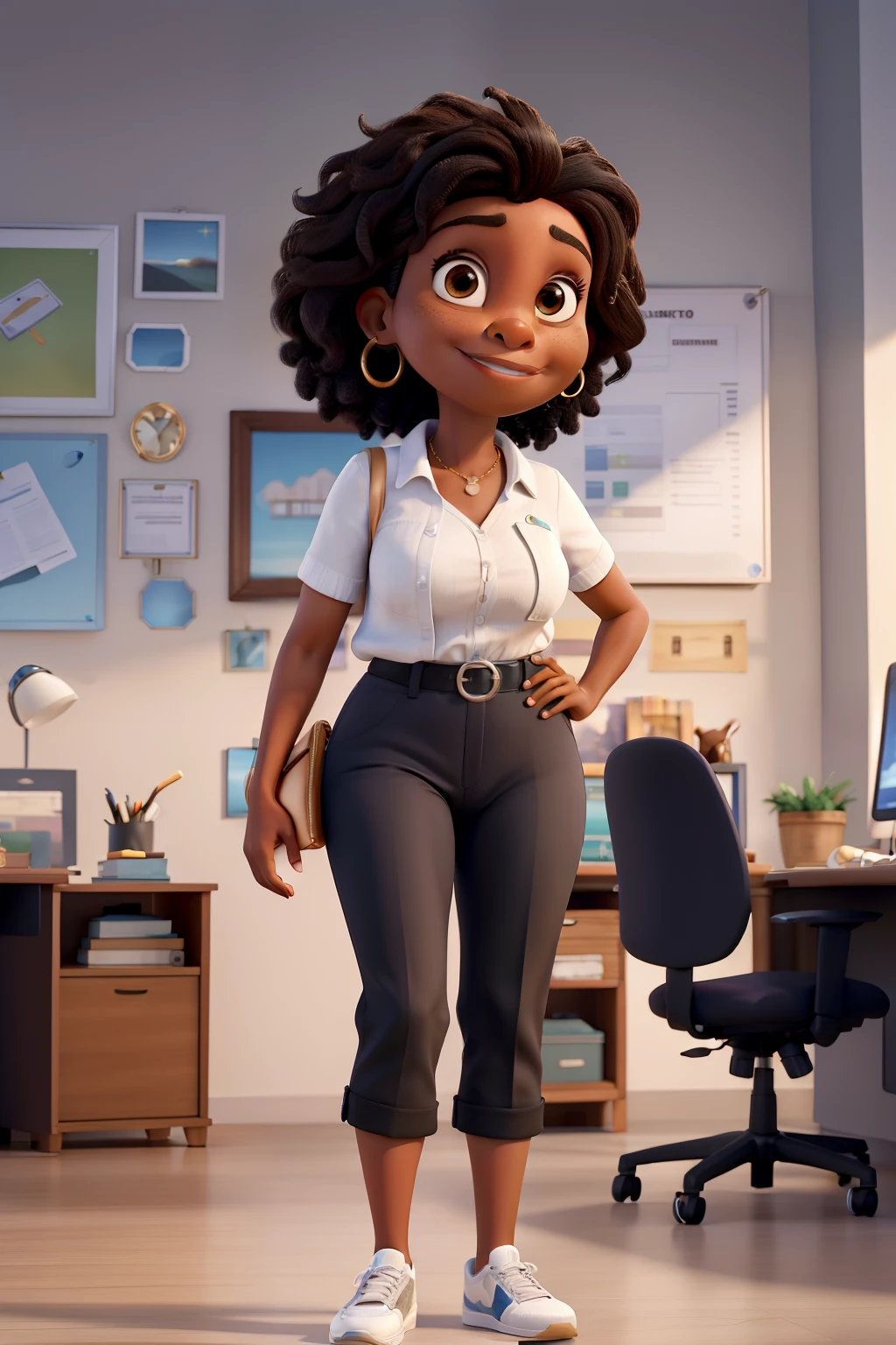 Estilo disney pixar alta qualidade, melhor qualidade mulher negra cabelo curto crespo personalidade forte, mami, Accounting Businesswoman, in white sneakers, sorrindo, 40 anos, in your office with a beautiful panel in the background with a picture of a lion in the center