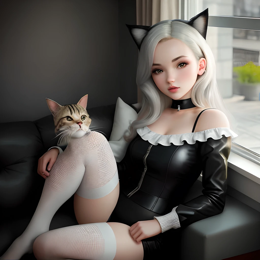 Foto realista de chica sexy con su gato gris , chica pelinegra con ojos de @dovecameron realismo extra.