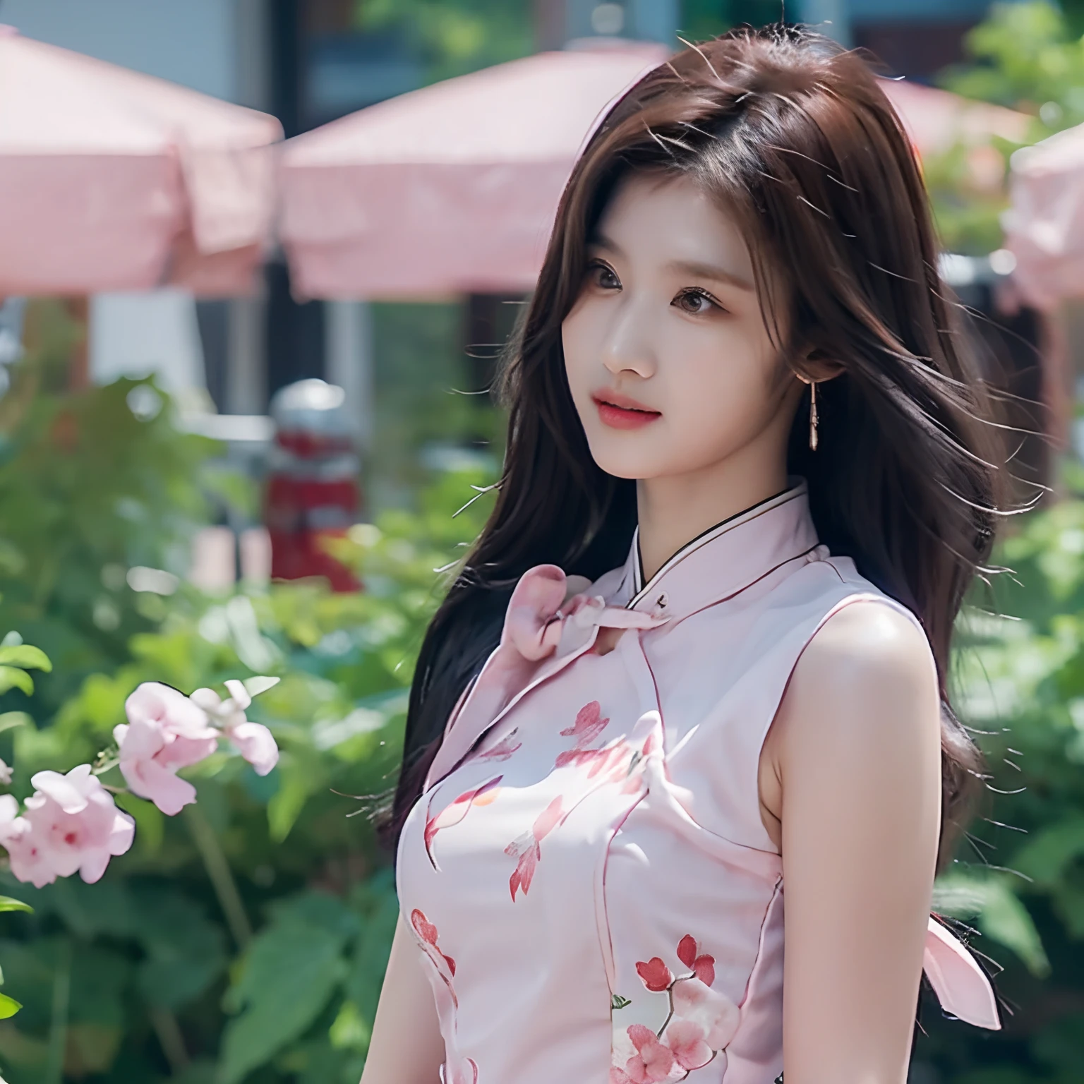 Sana minatozaki, pink cheongsam dress, with a sakura trees in the backgroud