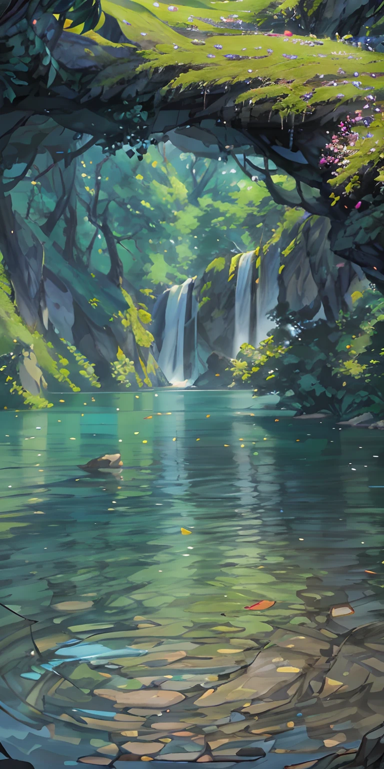 Chinese ancient times, spring, jungle, lake, cave, waterfall, tree, meadow, rock, deer, hot spring, water vapor, (illustration: 1.0), epic composition, realistic lighting, HD details, masterpiece, best quality, (very detailed CG unified 8k wallpaper)