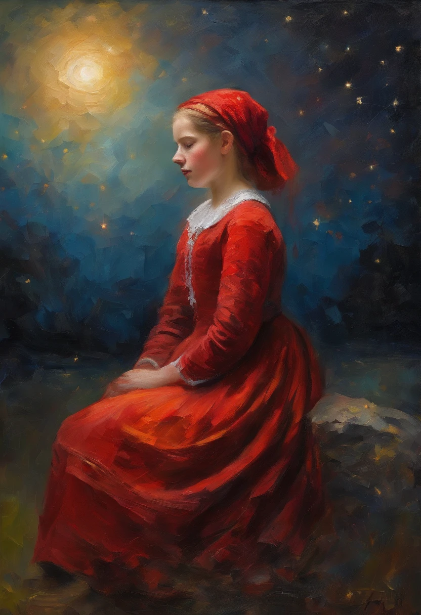 girl,12year old,Side braids,red headgear,with hands behind her back,Looks free,Full body like,Dressed in period costume,background starry sky
