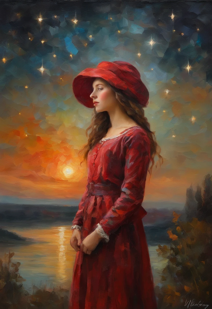 girl,ar old,Side braids,red headgear,with hands behind her back,Looks free,Full body like,Dressed in period costume,background starry sky