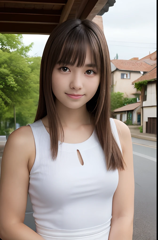A girl,16 year old,european countryside,blonde,bangs bangs,pretty face,thick muscular arms,sleeveless waitress
