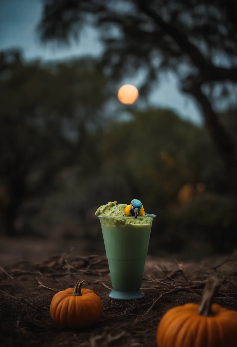 Retrato de um paihalloween, horror, Zombie hand coming out of the ground holding a cup of green ice cream, A yellow and blue macaw bird, Disfigured hand, movie set, darkeness, Moon Coming Out With Cemetery Background, Mean Pumpkin, Velas, Musgos, Corujas, Catátombe, Dry trees, aranhas, dry tree branches, Hollywood Scenery High Definition Image, melhor qualidade, (8k) High definition, fazer algo para me surpreender,