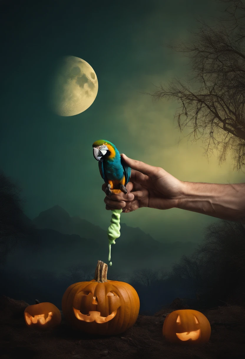 Retrato de um paihalloween, horror, Zombie hand coming out of the ground holding a cup of green ice cream, A yellow and blue macaw bird, Disfigured hand, movie set, darkeness, Moon Coming Out With Cemetery Background, Mean Pumpkin, Velas, Musgos, Corujas, Catátombe, Dry trees, aranhas, dry tree branches, Hollywood Scenery High Definition Image, melhor qualidade, (8k) High definition, fazer algo para me surpreender,