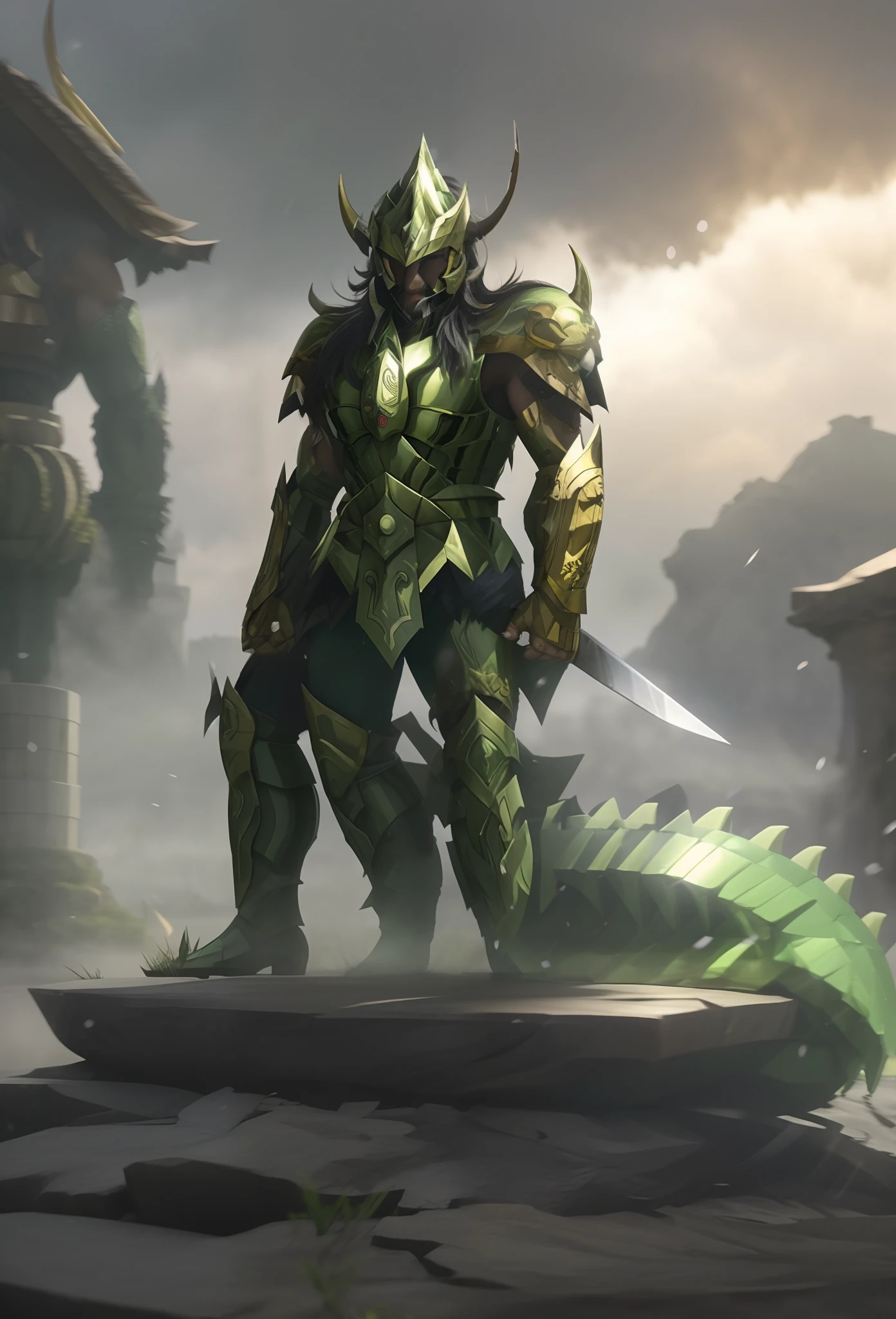 There's a man in green armor holding a sword, armadura verde, Guan Yu, inspirado em Shen Zhou, usando armadura de batalha verde, inspirado por Huang Shen, Dragon Knight, dragon inspired armor, inspirado por Yi Jaegwan, dragon ancient full plate armor, inspirado em Fan Kuan, metallic green armor, Dragon armor, inspirado em Hu Zaobin