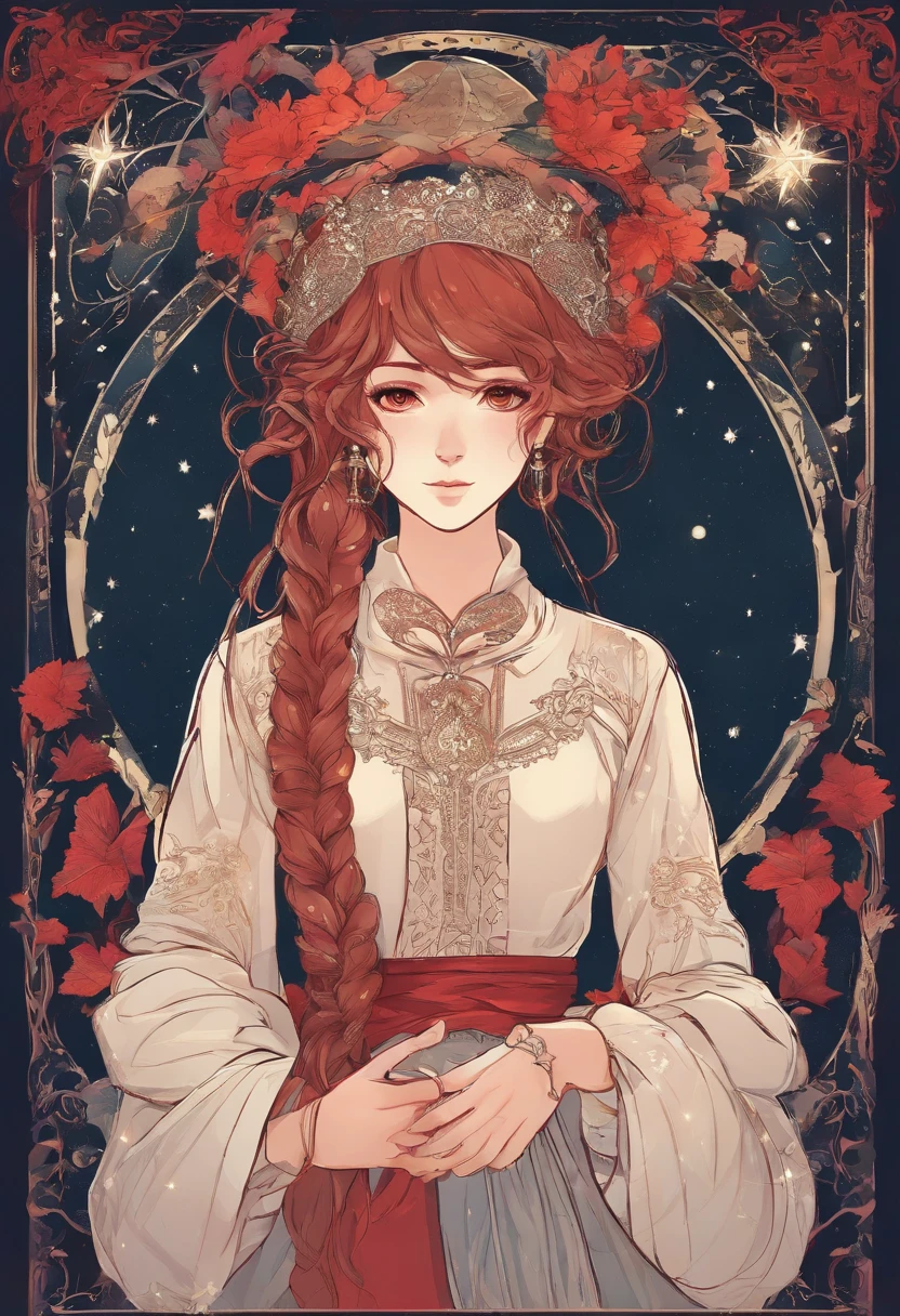 girl,ar old,Side braids,red headgear,with hands behind her back,Looks free,Full body like,Dressed in period costume,background starry sky
