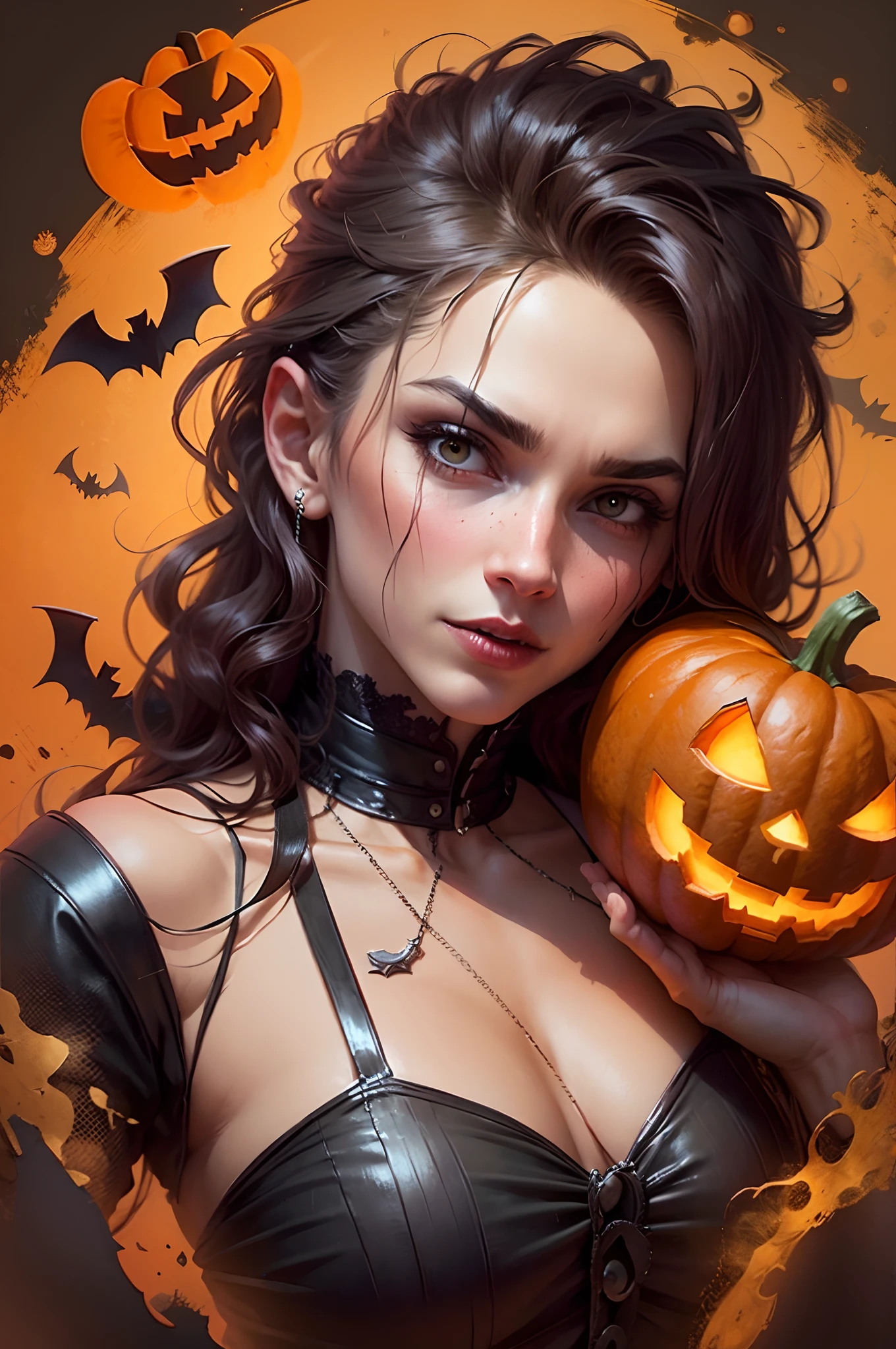 In a medieval Halloween background there is a male vampire who hands a carved Halloween pumpkin. --auto --s2