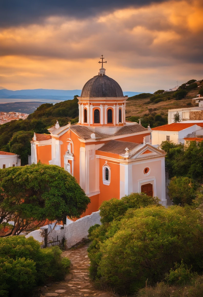 igreja velha de tijolos antigos com aspecto de pequena, vista da rua de um antiga vila na grecia